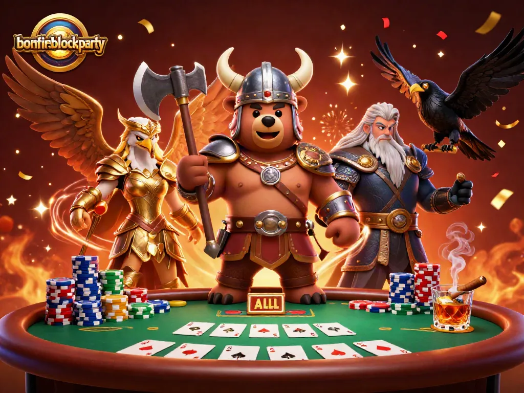 Engaging scene from bonfireblockparty featuring a Viking bear and Valkyrie with colorful poker elements.
